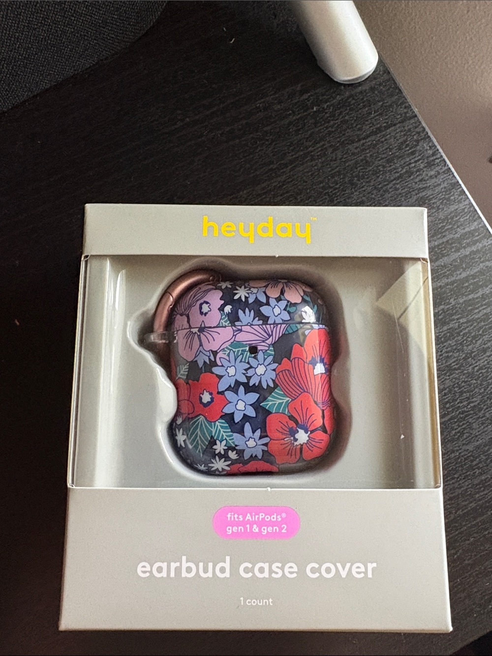 heyday Floral Earbud Case Cover in Navy with Pink & Red Flowers. AirPod Gen 1-2